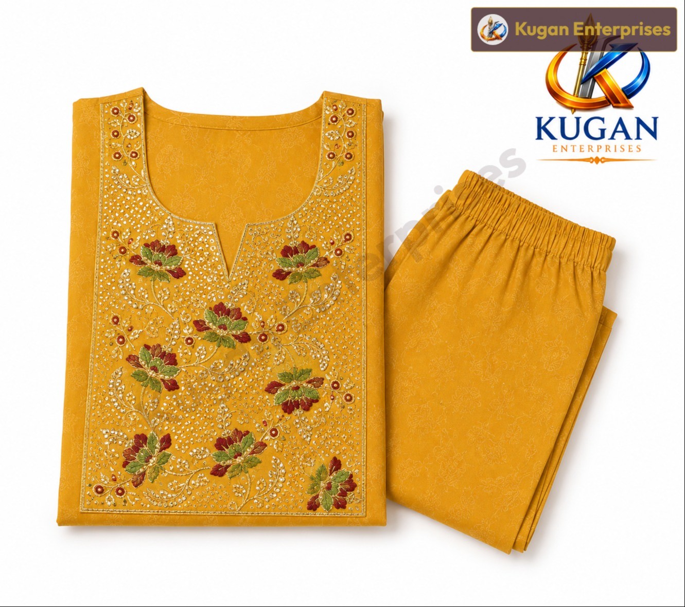 Women's Mustard Floral Embroidered Straight Kurta with Straight Pant