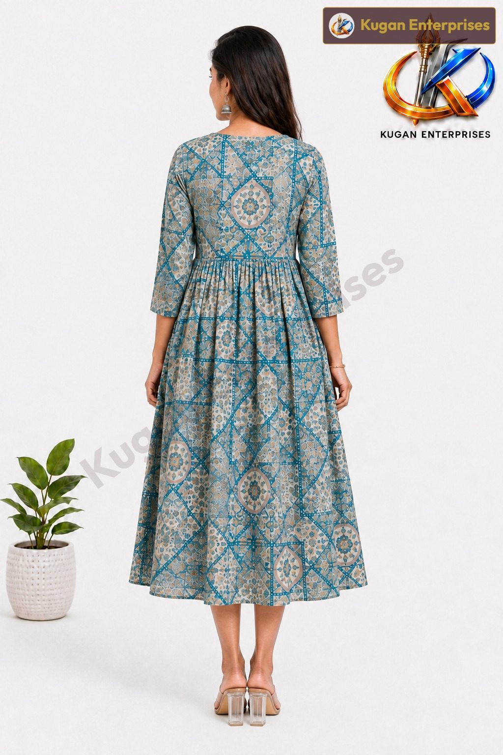 Teal Mosaic Frilled Umbrella Dress