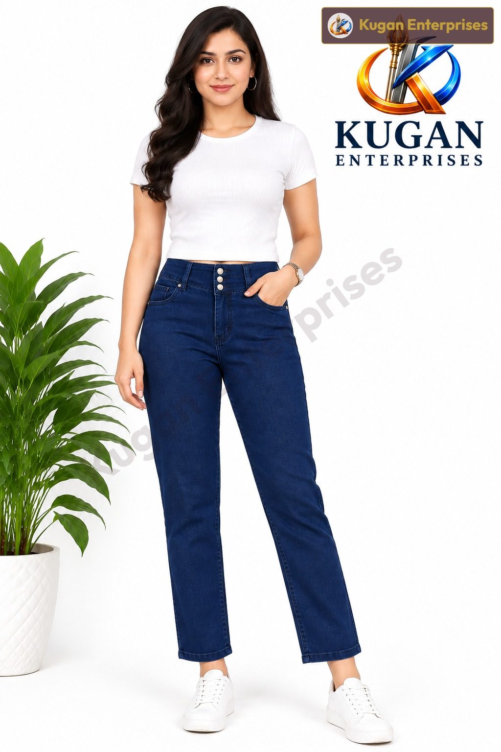 Dark Blue 3-Button Ankle-Length Straight Fit Jeans for Women