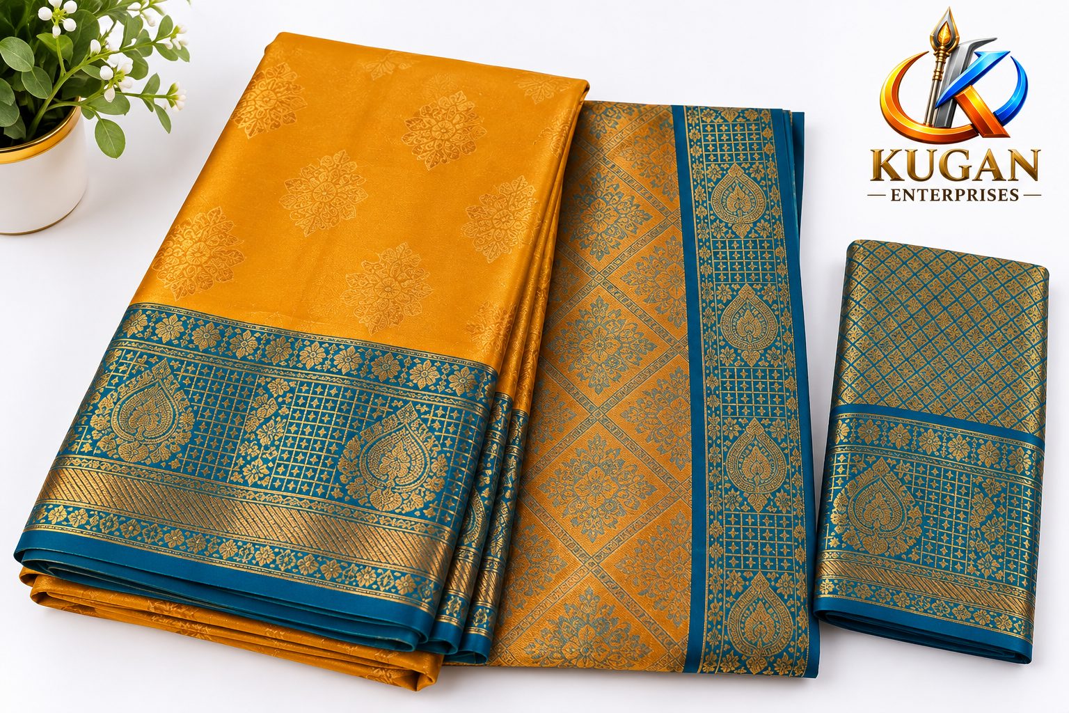 Mustard Gold Teal Blue Zari Silk Saree