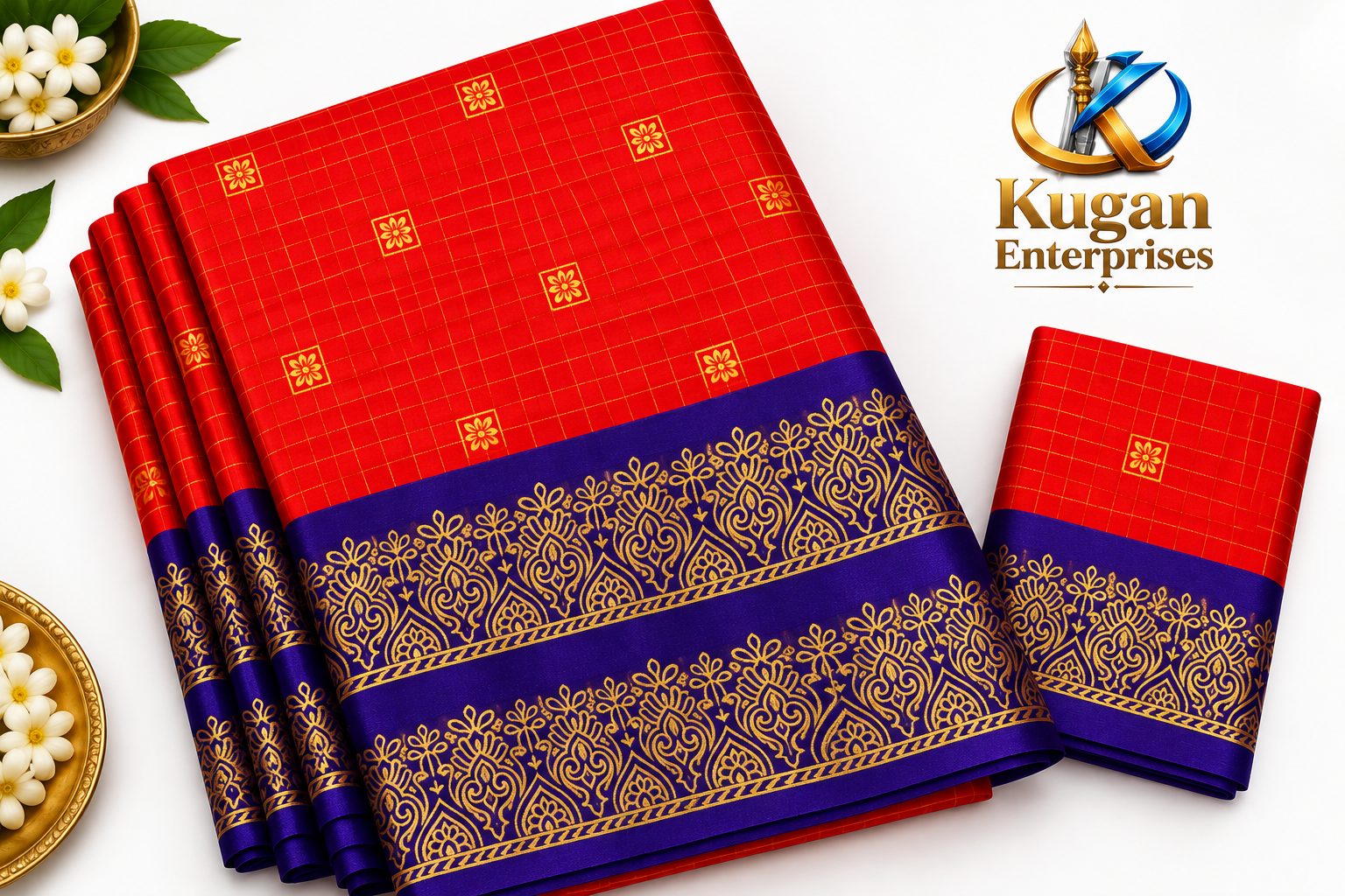 Vermilion Red and Royal Purple Traditional Printed Saree