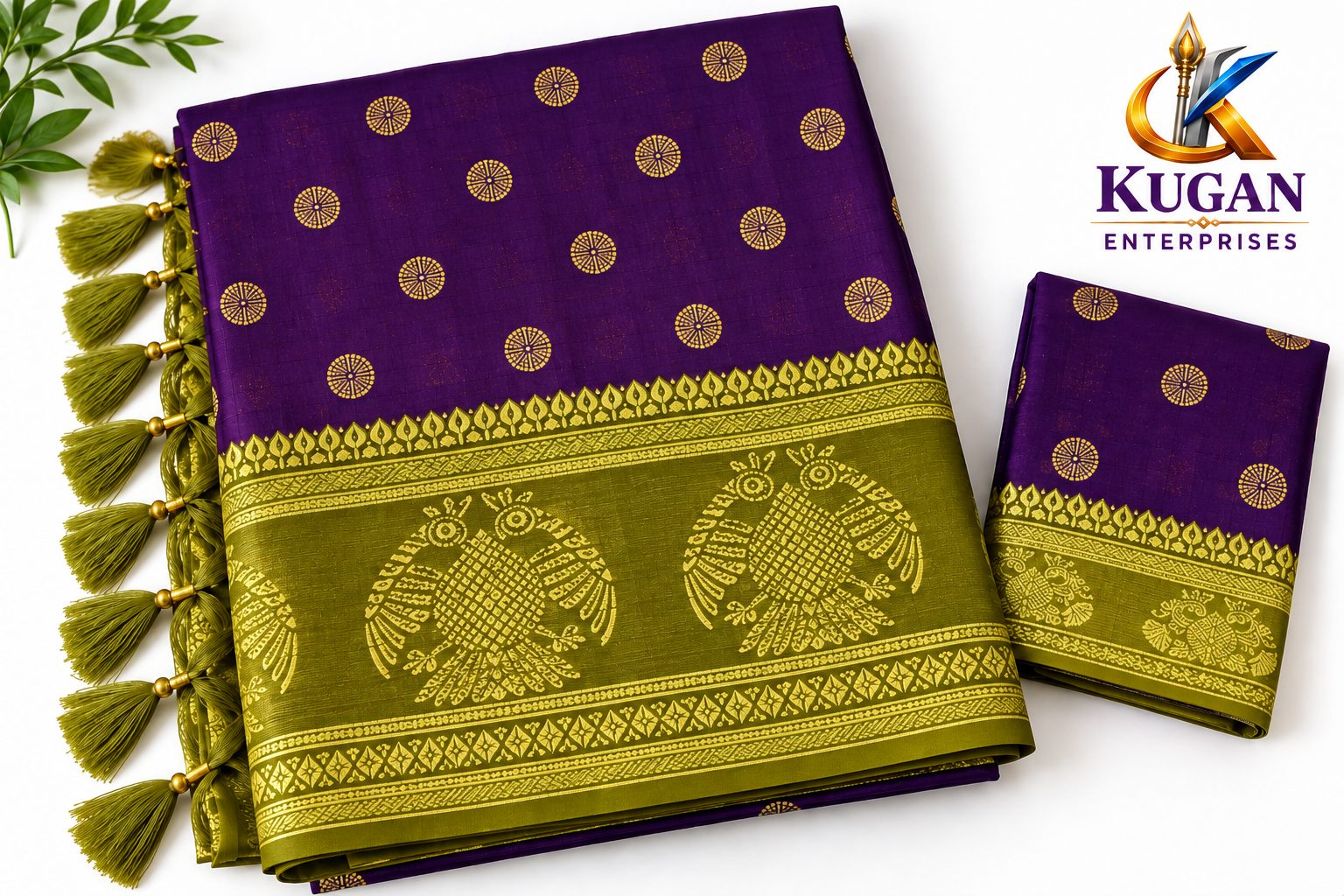 Rich Violet Purple Printed Saree with Golden Olive Green Border