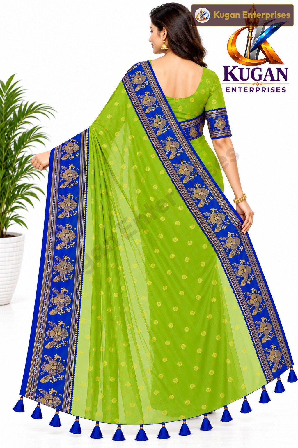 Parrot Green Gold Butta Printed Saree with Deep Royal Blue Border