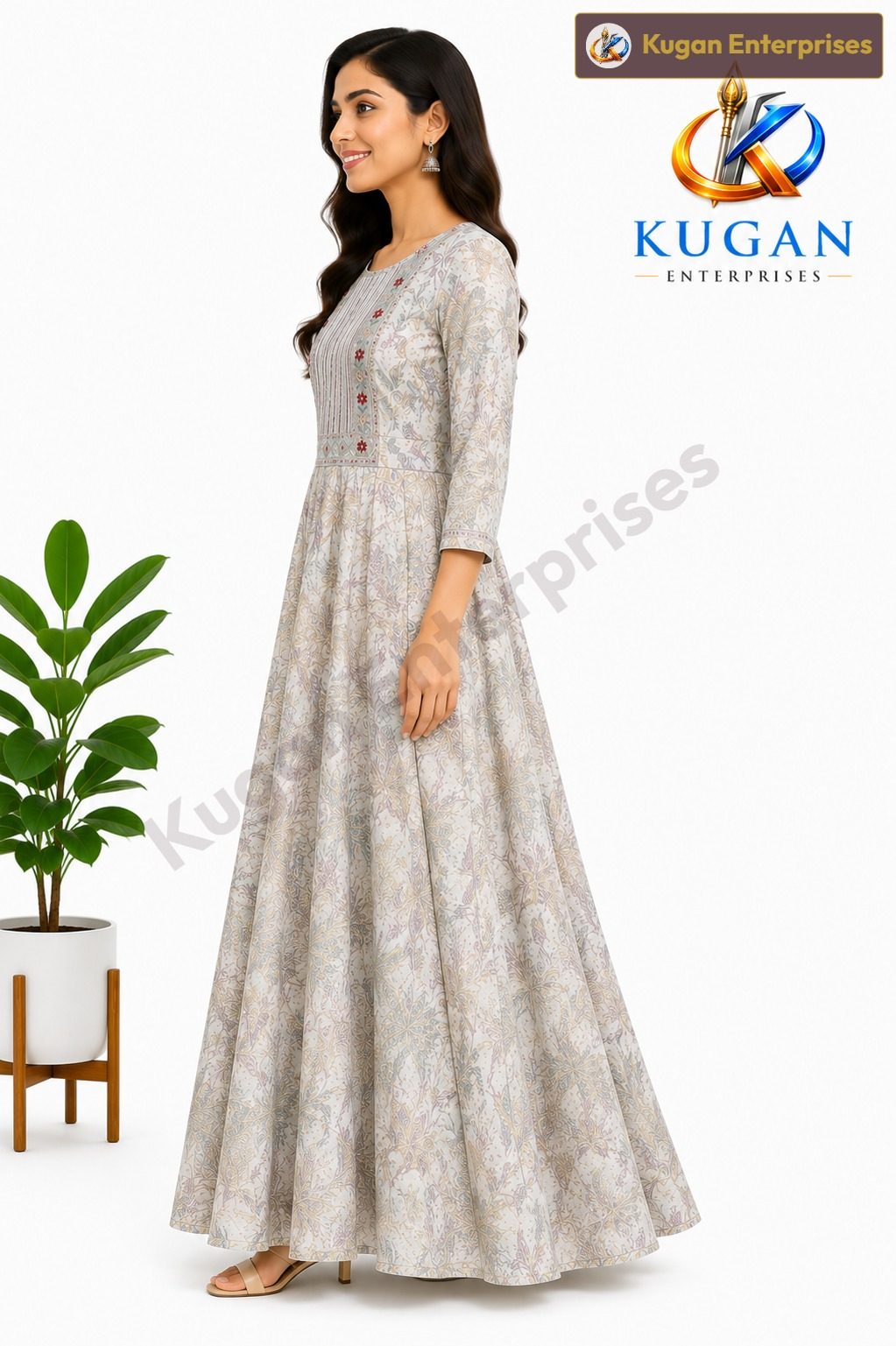 Elegant Embroidered Cotton-Polyester Blend Gown – Floral Print with 3/4 Sleeves