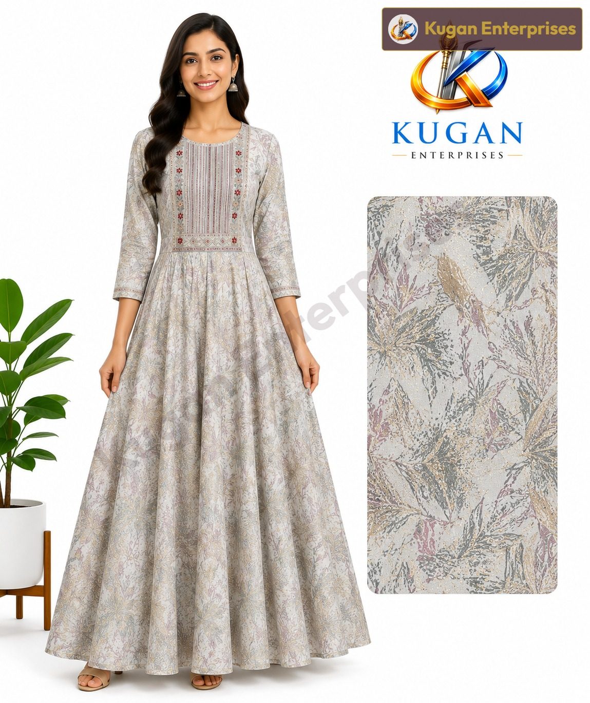 Elegant Embroidered Cotton-Polyester Blend Gown – Floral Print with 3/4 Sleeves