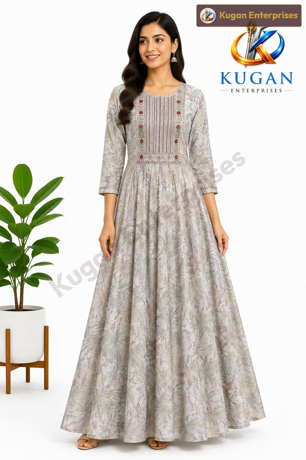 Elegant Embroidered Cotton-Polyester Blend Gown – Floral Print with 3/4 Sleeves