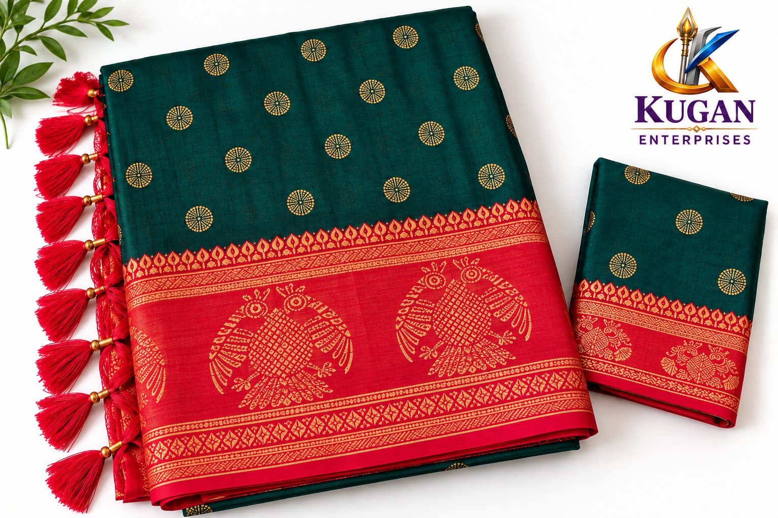 Deep Peacock Green Gold Butta Printed Saree with Crimson Red Ornamental Border