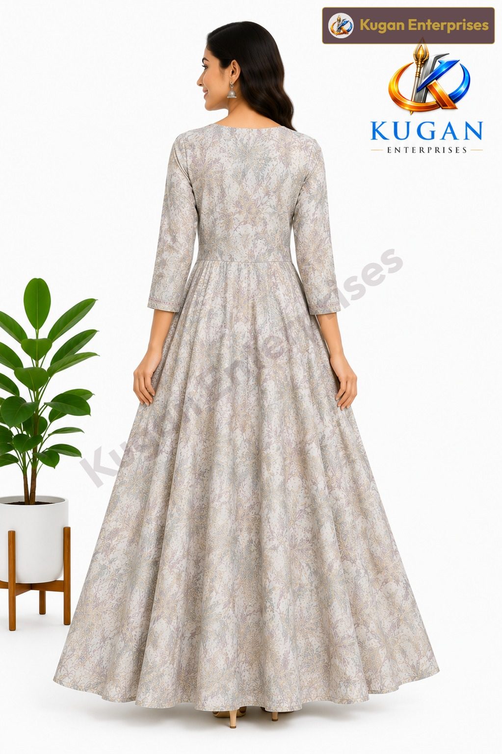 Elegant Embroidered Cotton-Polyester Blend Gown – Floral Print with 3/4 Sleeves