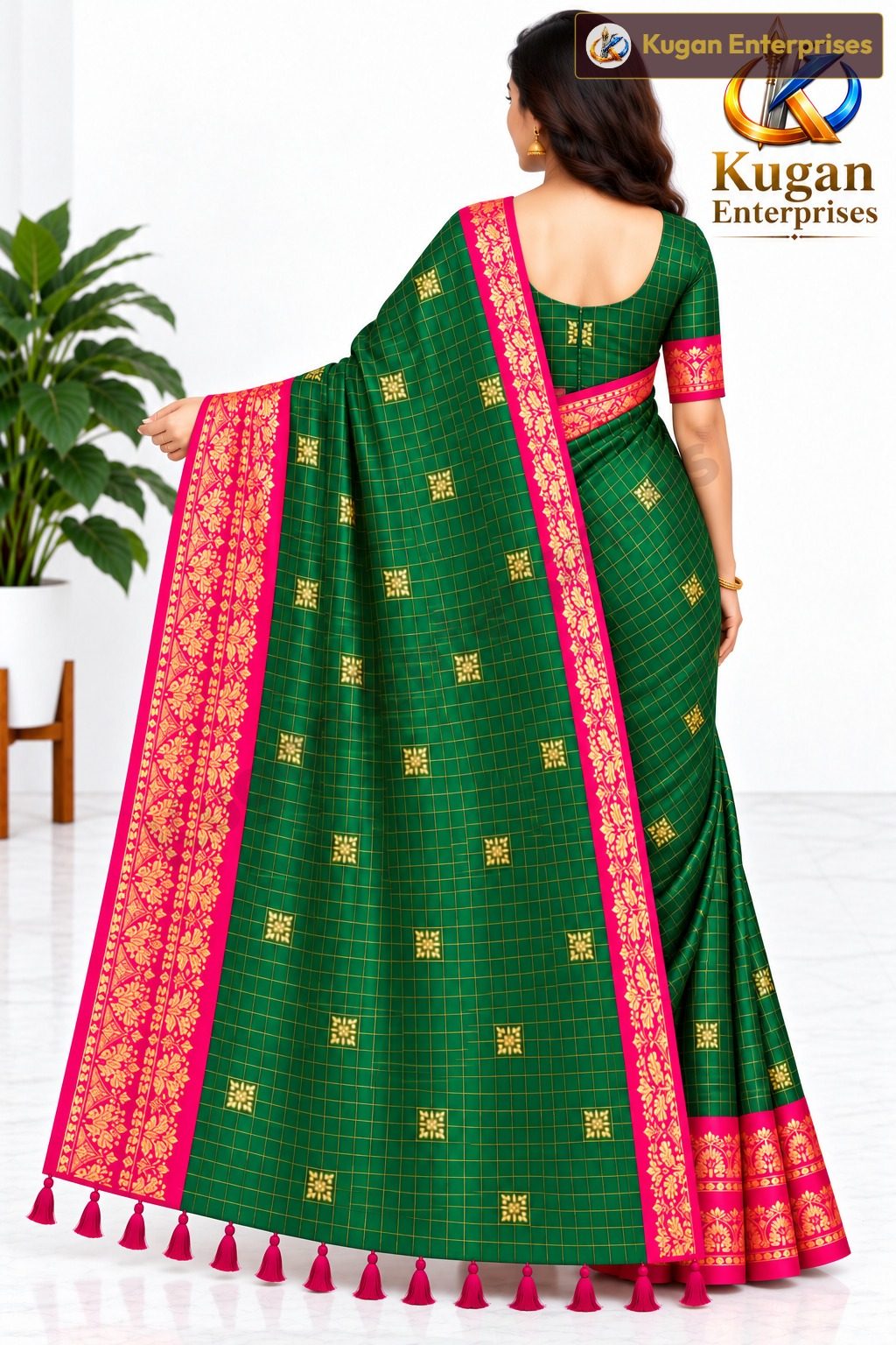 Peacock Green Saree with Rani Pink Printed Border