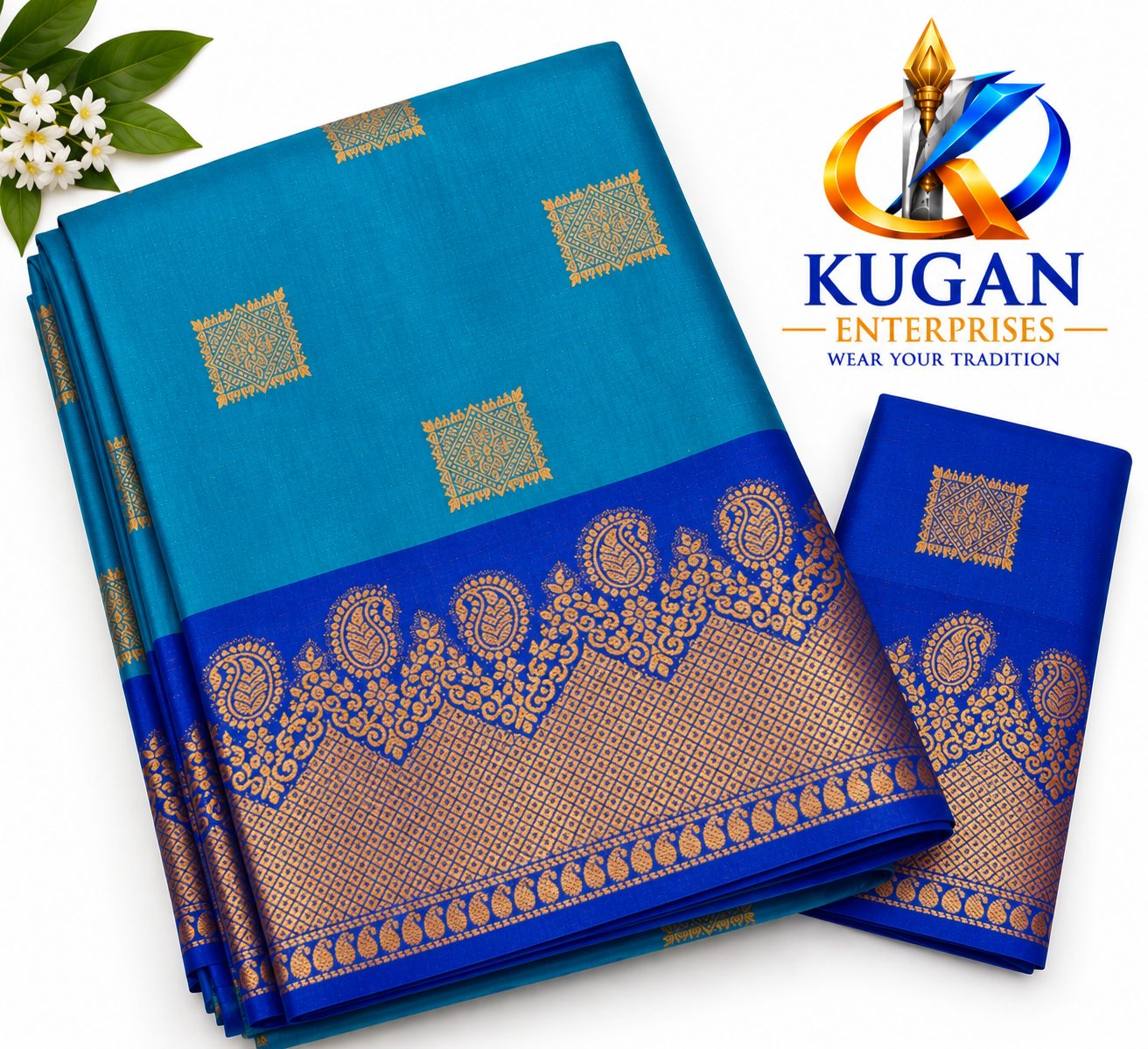 Turquoise Blue & Royal Blue Zari Silk Saree
