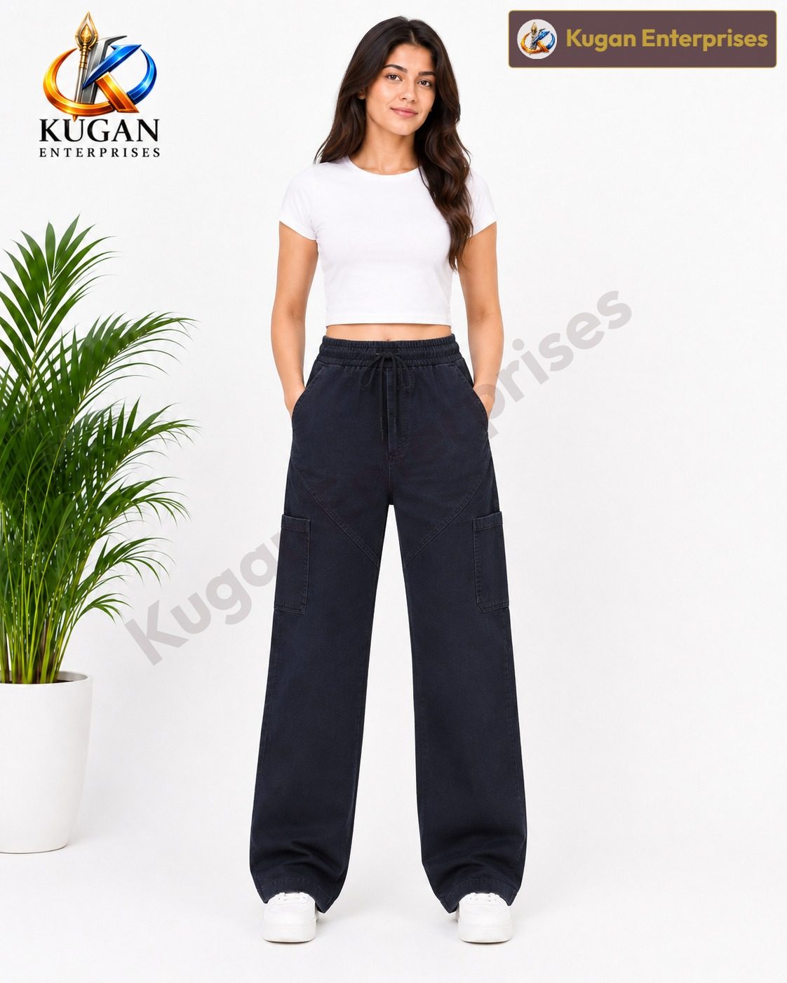 Women’s Dark Blue Cargo Baggy Pant with Elastic Waist & Utility Pockets