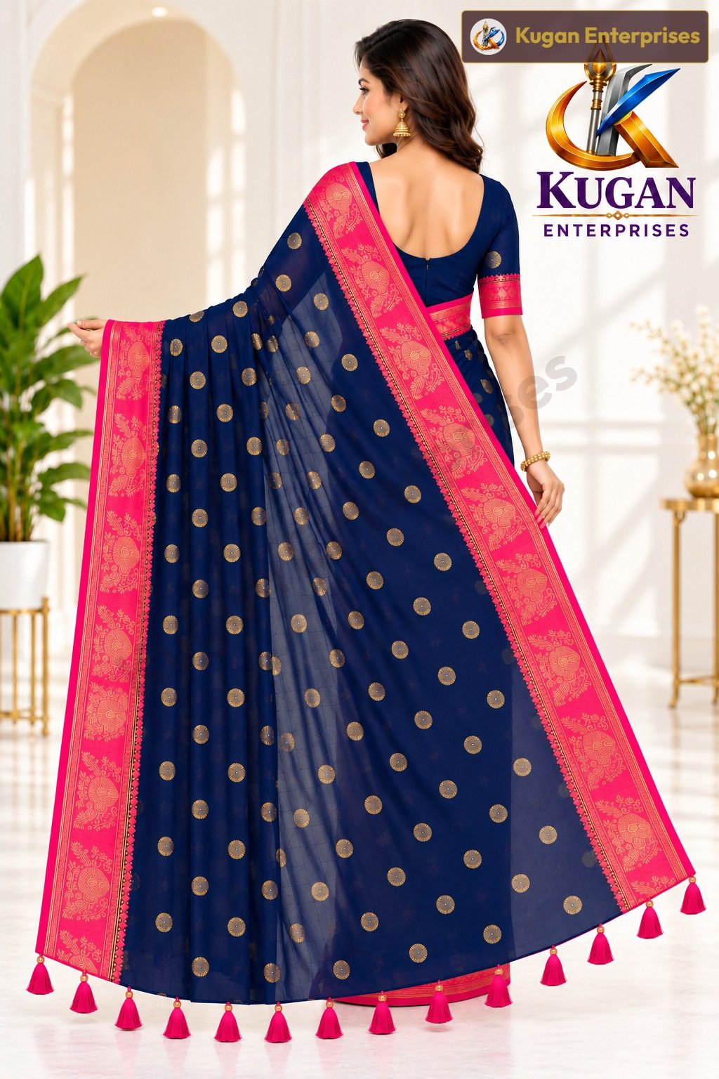 Deep Navy Blue Gold Butta Printed Saree with Rani Pink Border