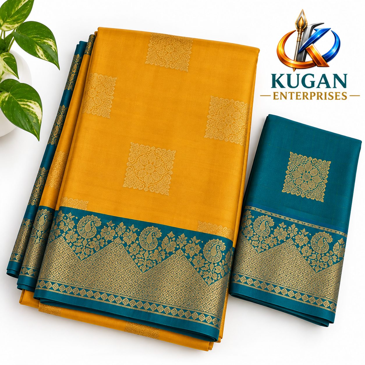 Mustard Gold & Teal Green Zari Silk Saree