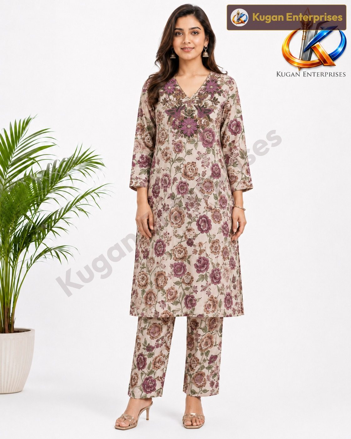 Cream Floral Embroidered Kurta & Matching Pant Set for Women