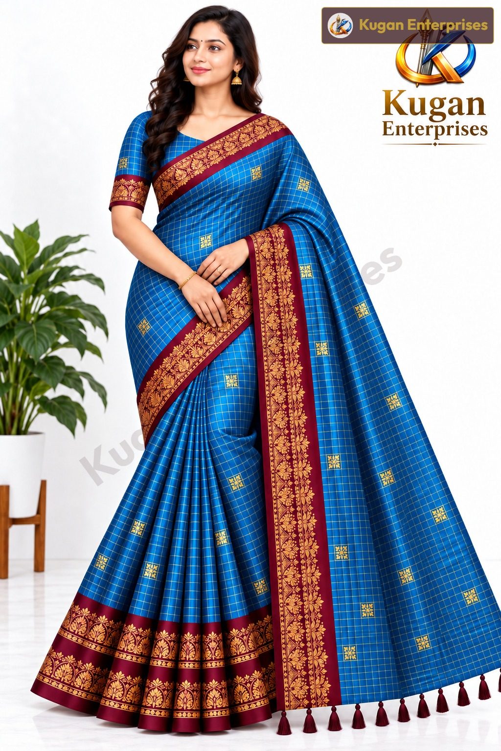 Royal Blue and Wine Maroon Traditional Printed Saree