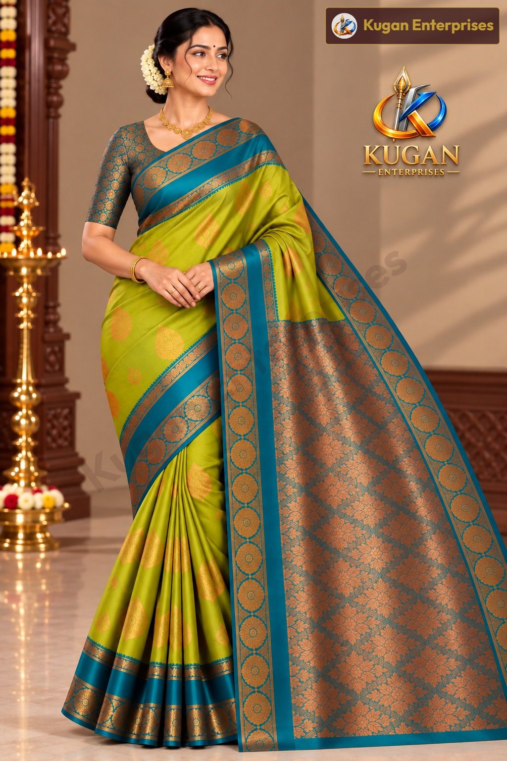 Olive Green Teal Zari Silk Saree