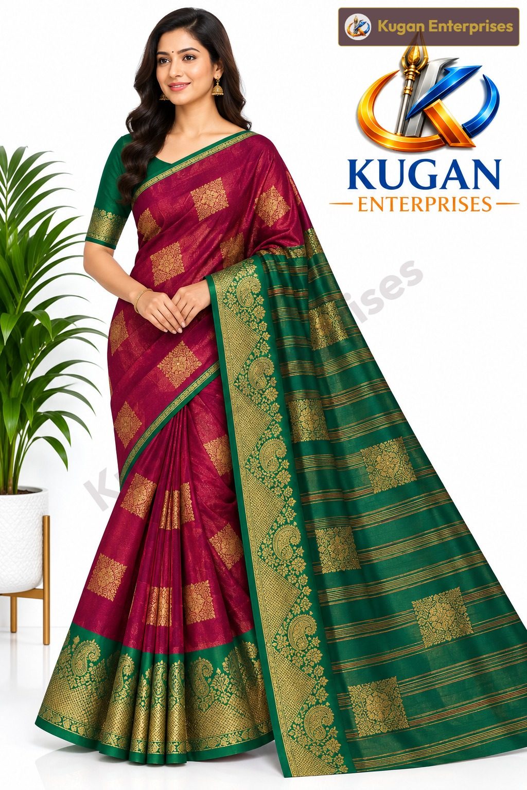 Burgundy Maroon Kelly Green Zari Silk Saree