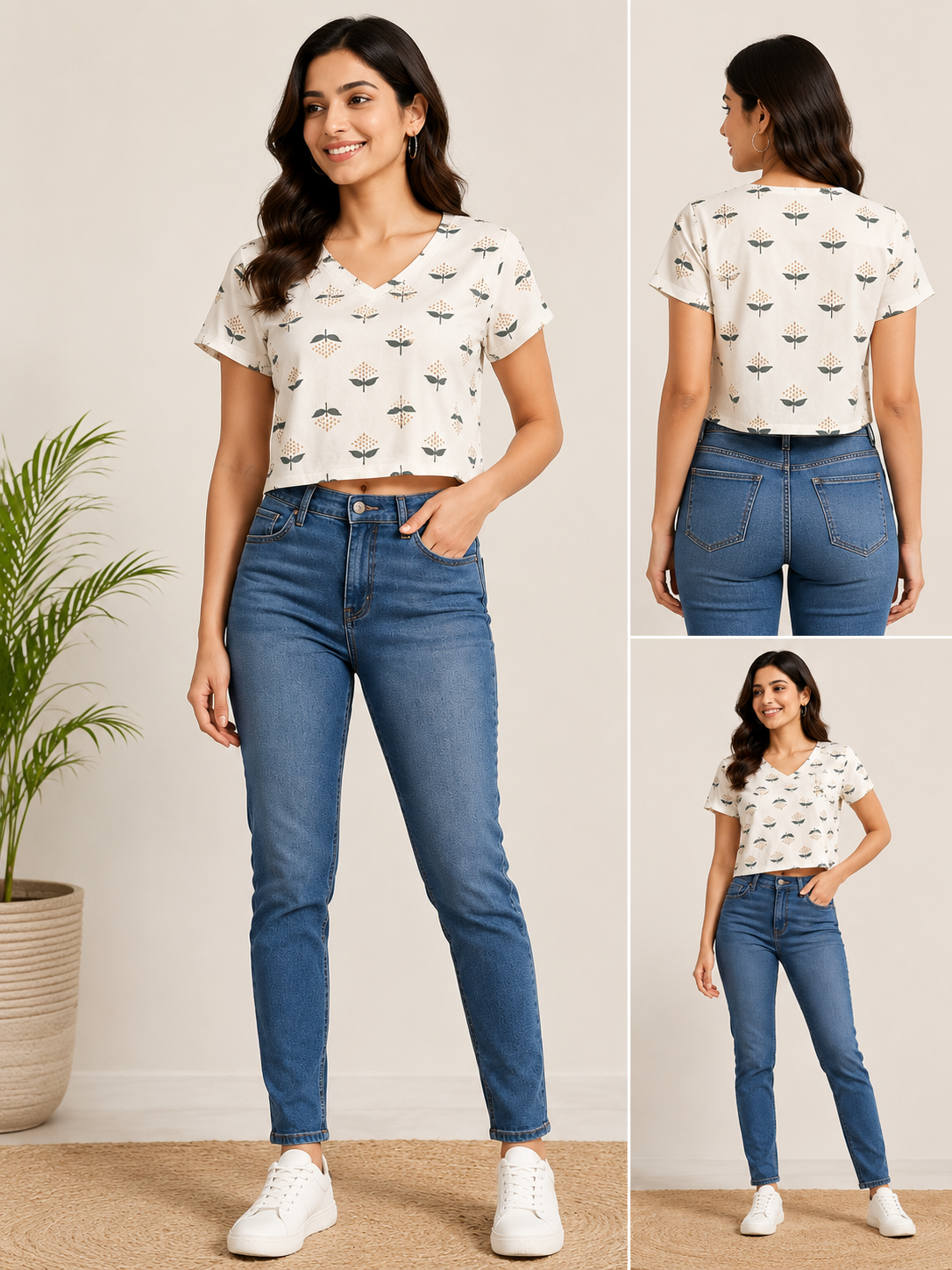 Floral Print V-Neck Crop Top for Women