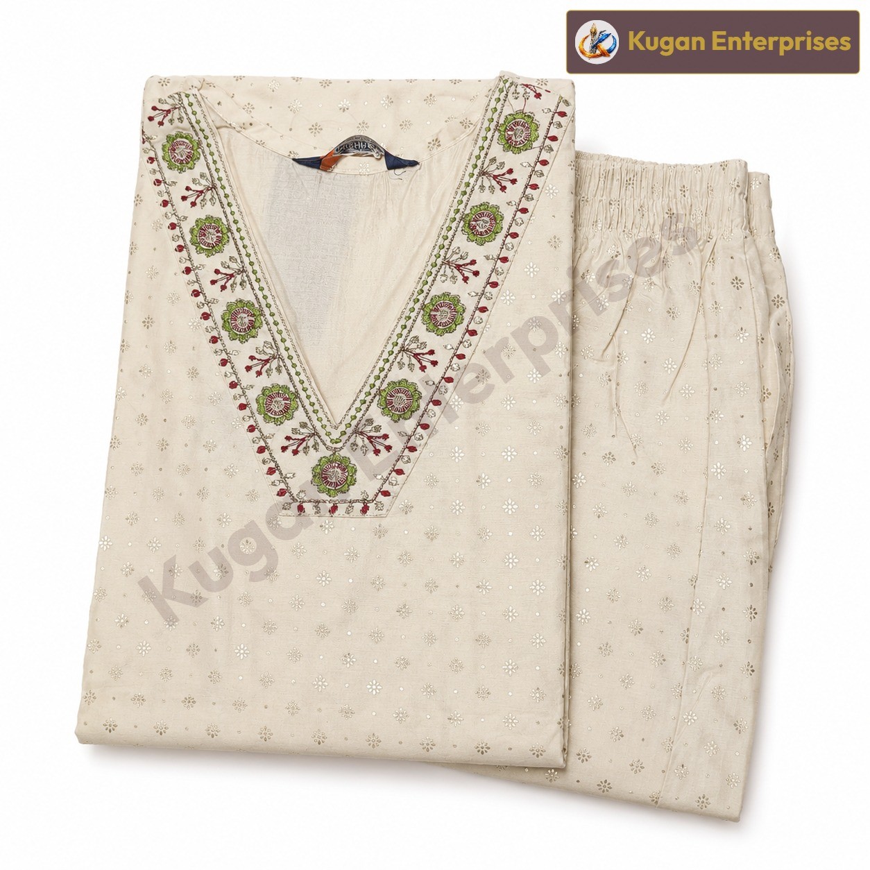 Premium Ivory Floral Embroidered Kurta with Matching Pant Set