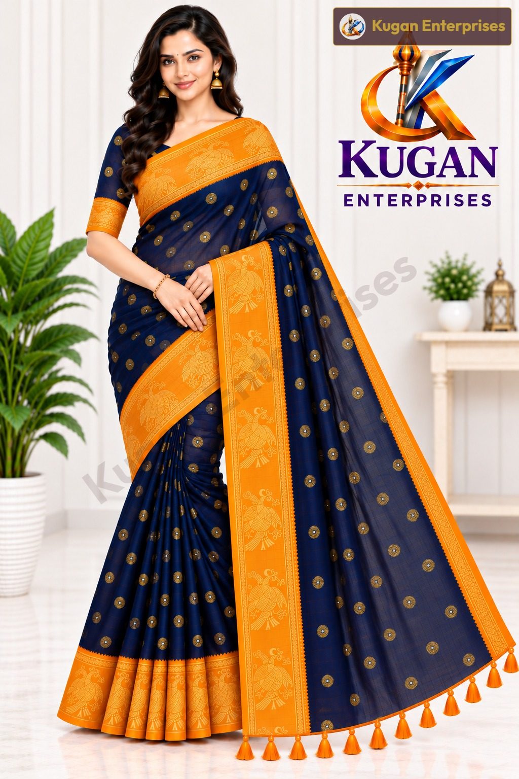 Deep Navy Blue and Bright Yellowish-Orange Printed Saree with Matching Blouse