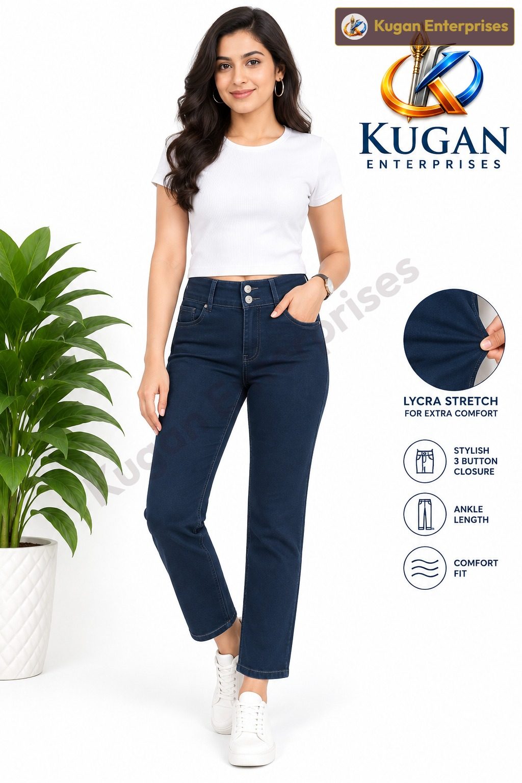 Women’s Dark Blue Lycra 3-Button Ankle-Length Straight Fit Jeans
