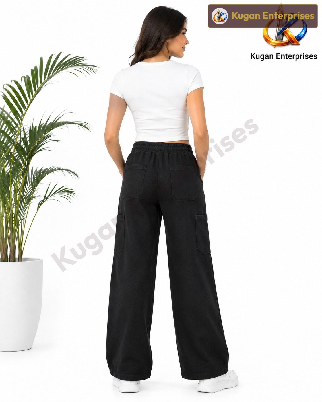 Women’s Black Cargo Baggy Pant with Elastic Waist & Utility Pockets