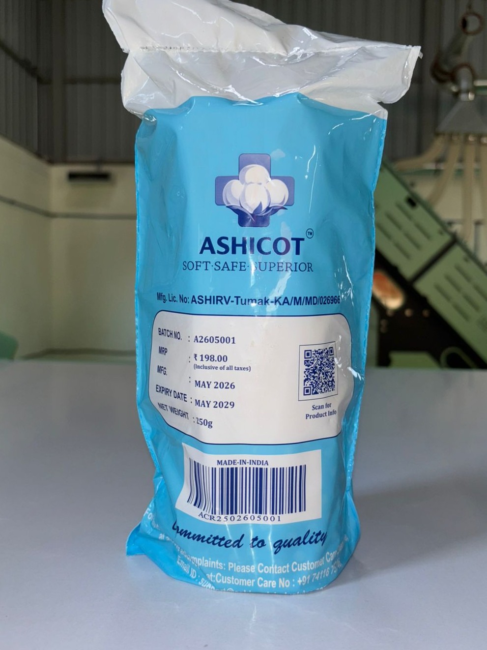 ASHICOT Absorbent Cotton Roll 250gm for Medical Use – 100% Pure, Soft & Non-Sterile for First Aid, Wound Dressing, Baby Cleaning, Clinics