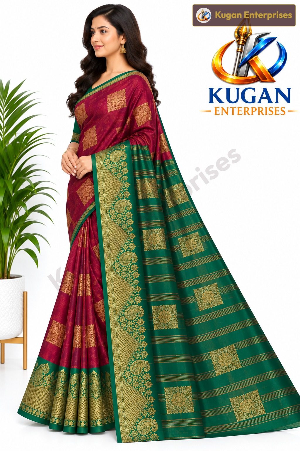 Burgundy Maroon Kelly Green Zari Silk Saree