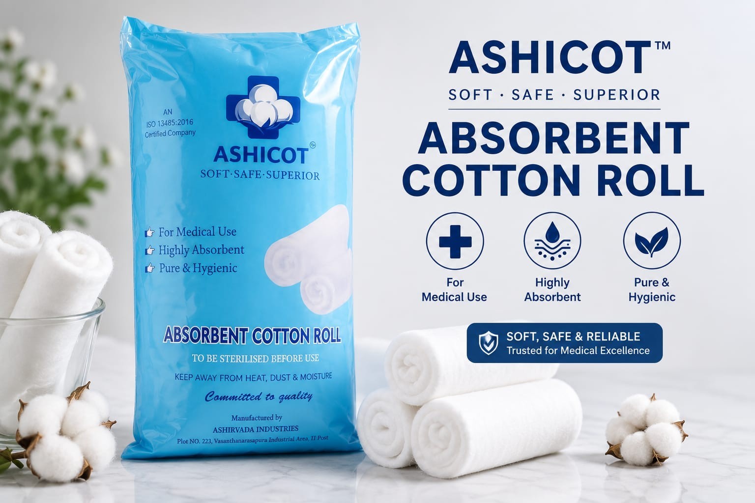 ASHICOT Absorbent Cotton Roll 15gm for Medical Use – 100% Pure, Soft & Non-Sterile for First Aid, Wound Dressing, Baby Cleaning, Clinics