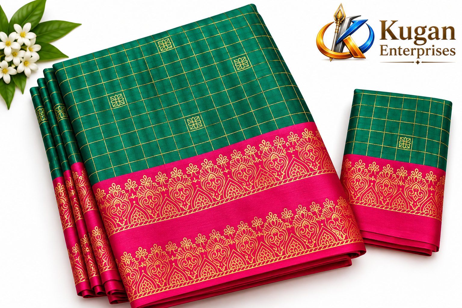 Peacock Green Saree with Rani Pink Printed Border
