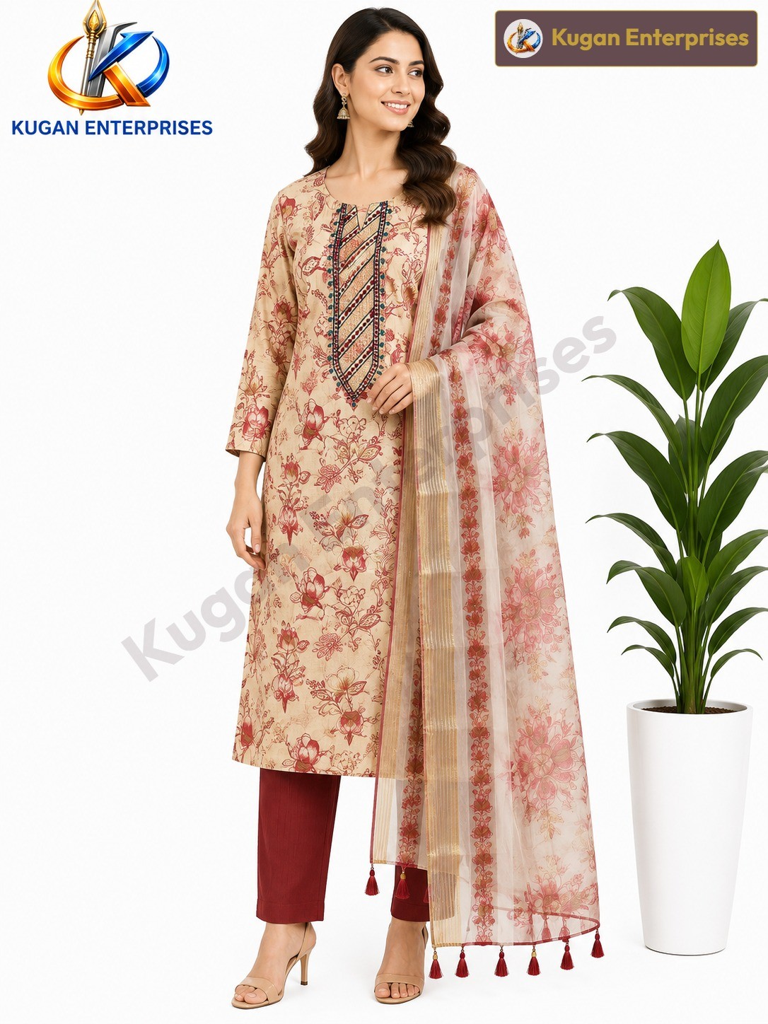 Women's Beige Floral Printed Embroidered Kurta Set with Printed Straight Pant & Organza Dupatta