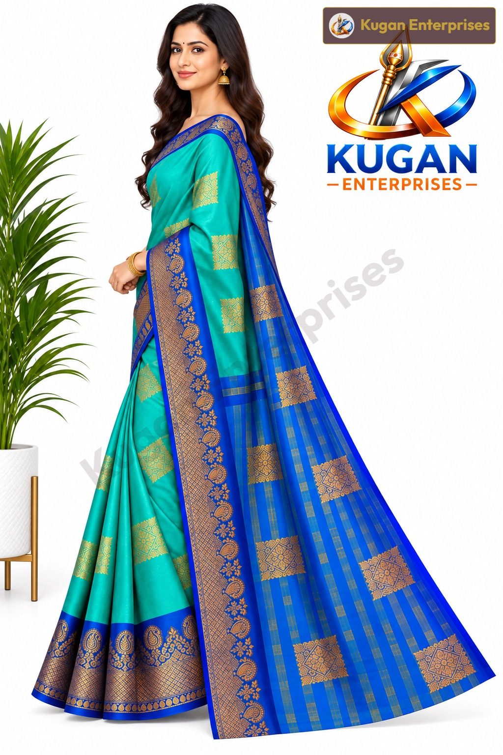 Turquoise Green & Royal Blue Zari Silk Saree