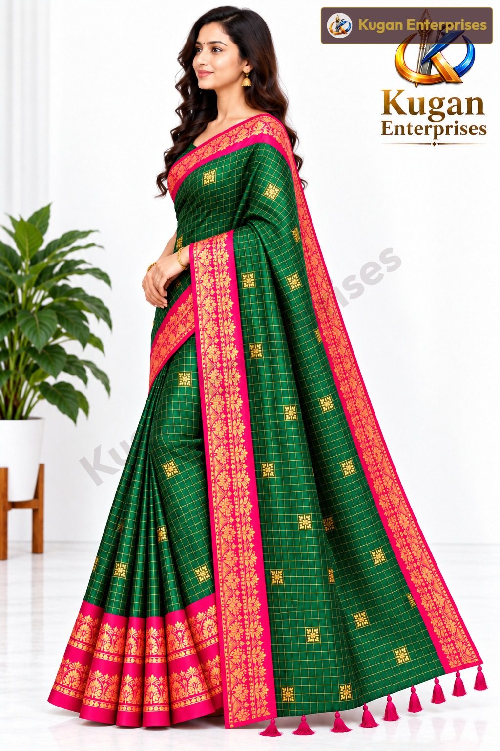 Peacock Green Saree with Rani Pink Printed Border