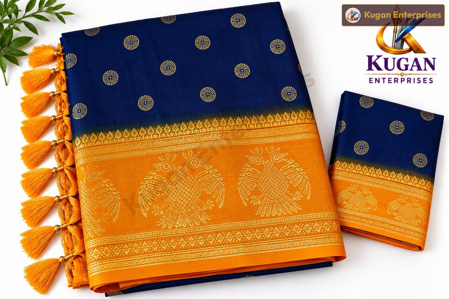 Deep Navy Blue and Bright Yellowish-Orange Printed Saree with Matching Blouse