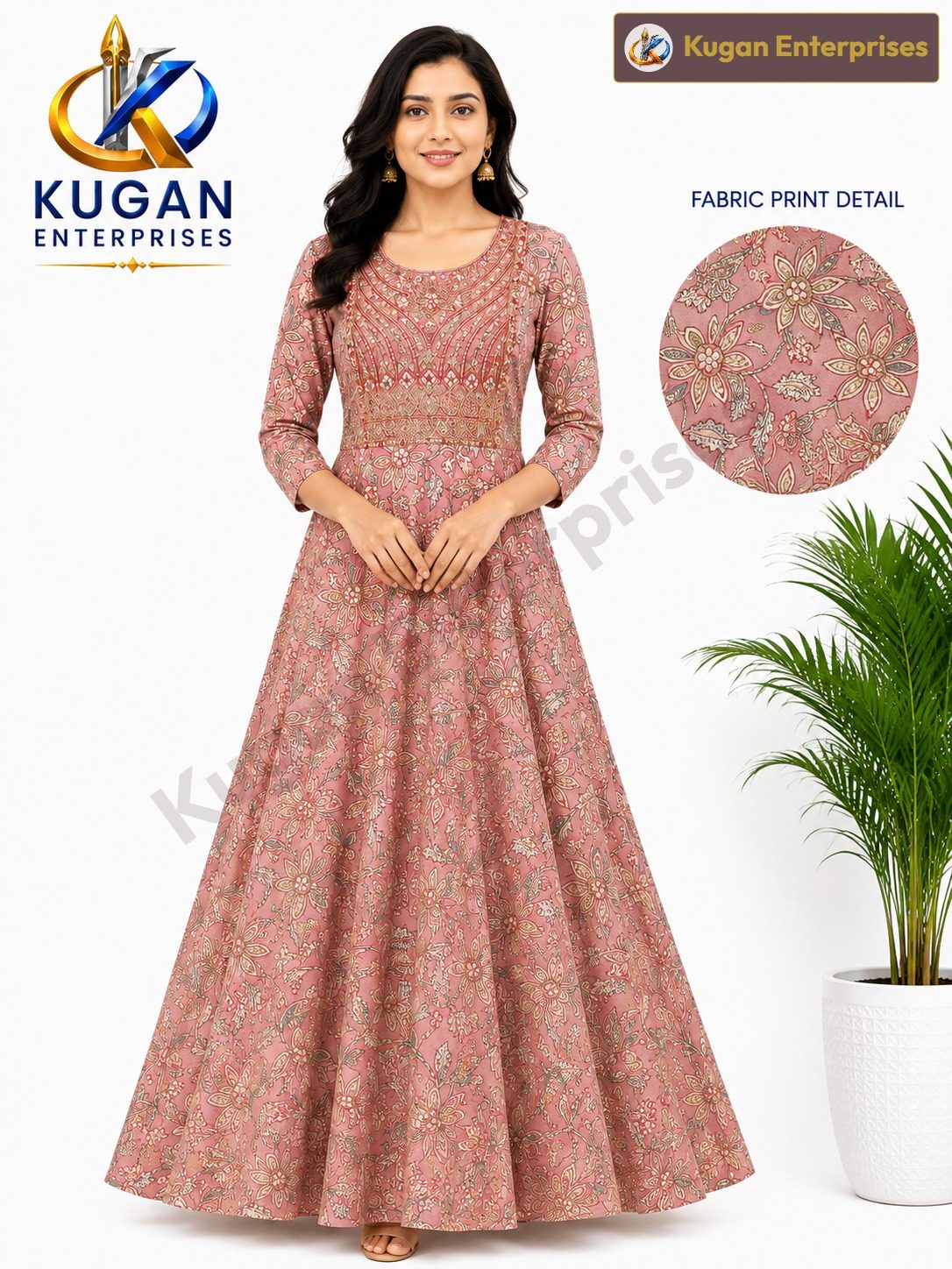 Rose Pink Floral Print Embroidered Kurta