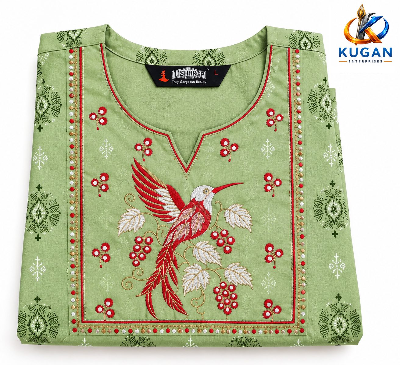 Sage Green Bird Embroidered Rayon Kurta Top