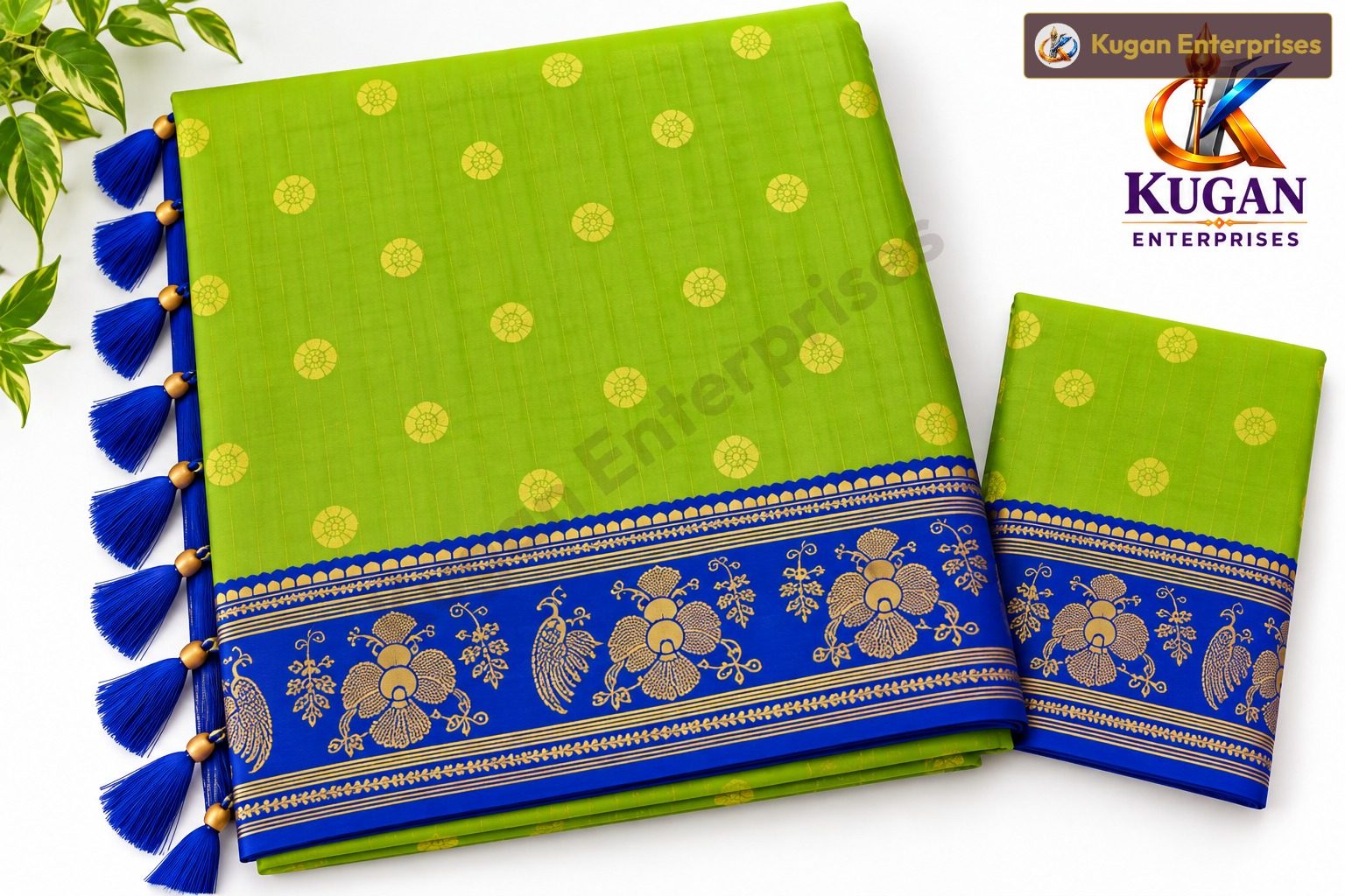 Parrot Green Gold Butta Printed Saree with Deep Royal Blue Border