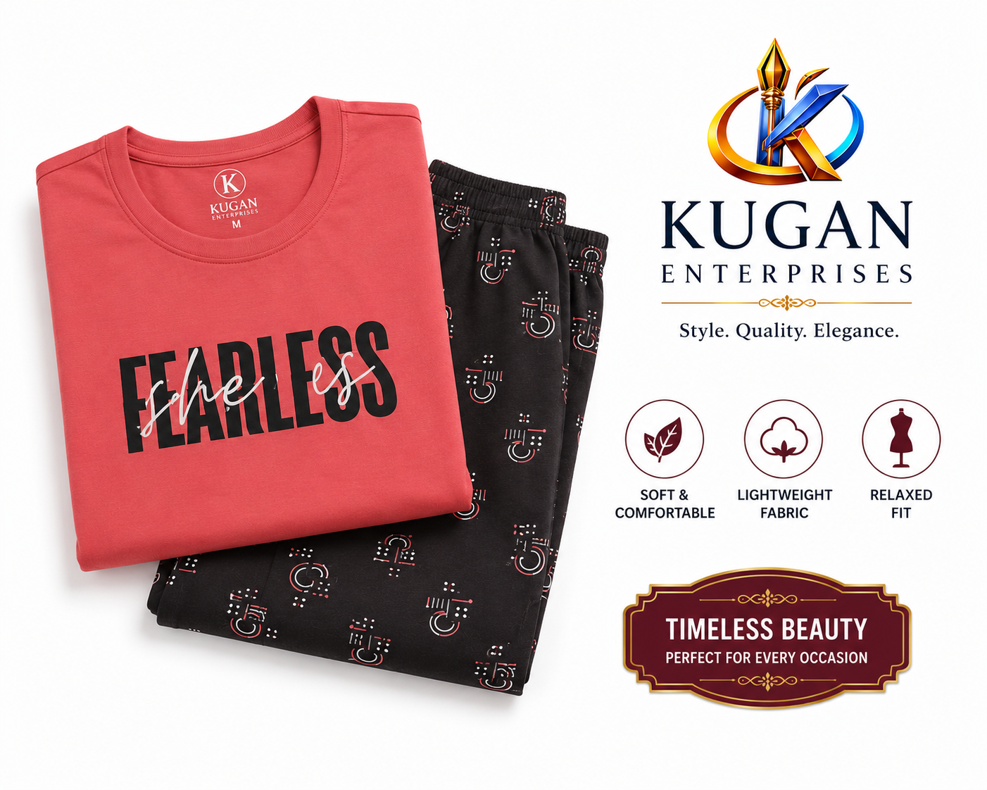 Women's Fearless Cotton Night Suit Set – Coral & Black
