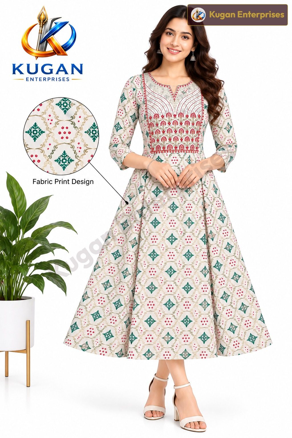 Ivory Rayon Floral Embroidered Umbrella Dress