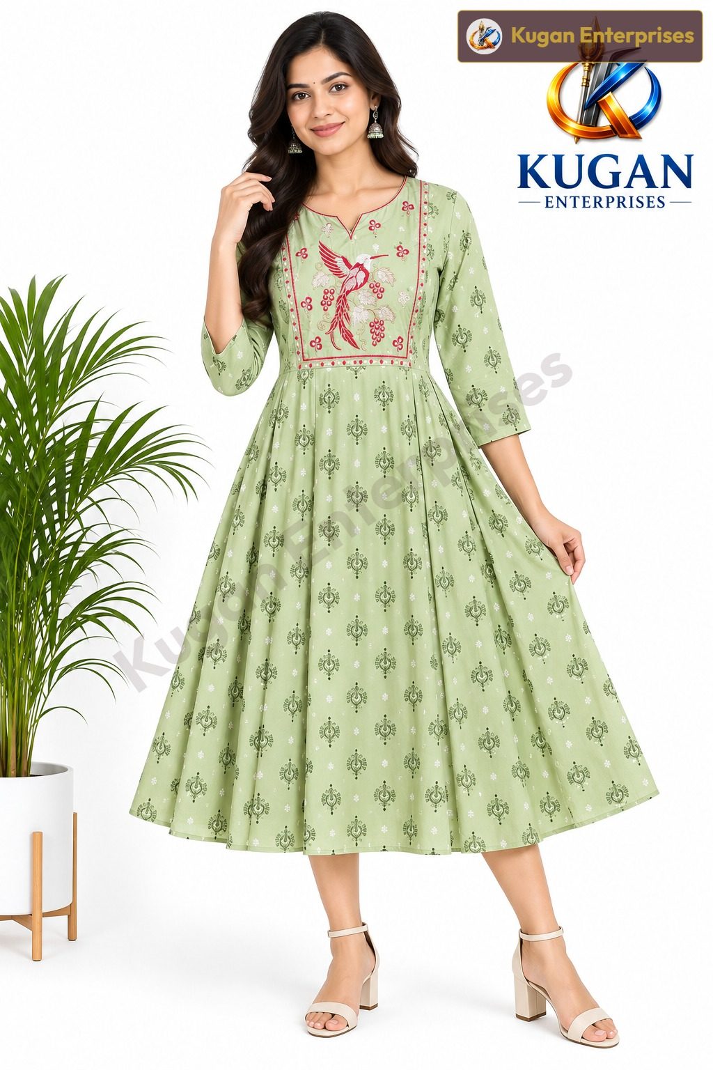 Sage Green Bird Embroidered Rayon Kurta Top
