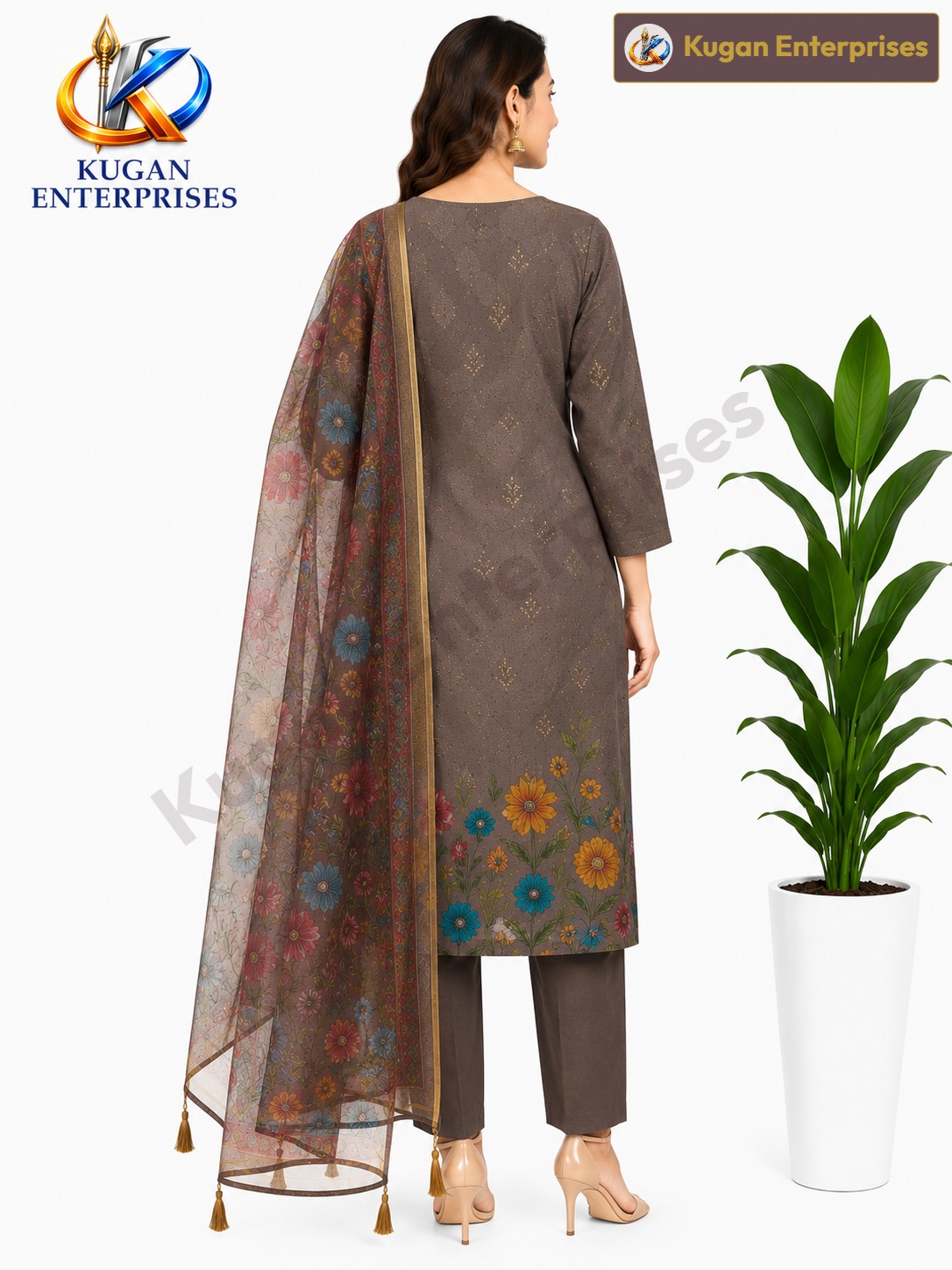 Taupe Floral Designer Kurta Set with Organza Dupatta