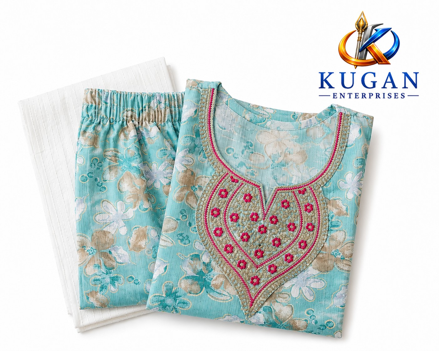 Aqua Bloom Embroidered Kurta Pant Dupatta Set