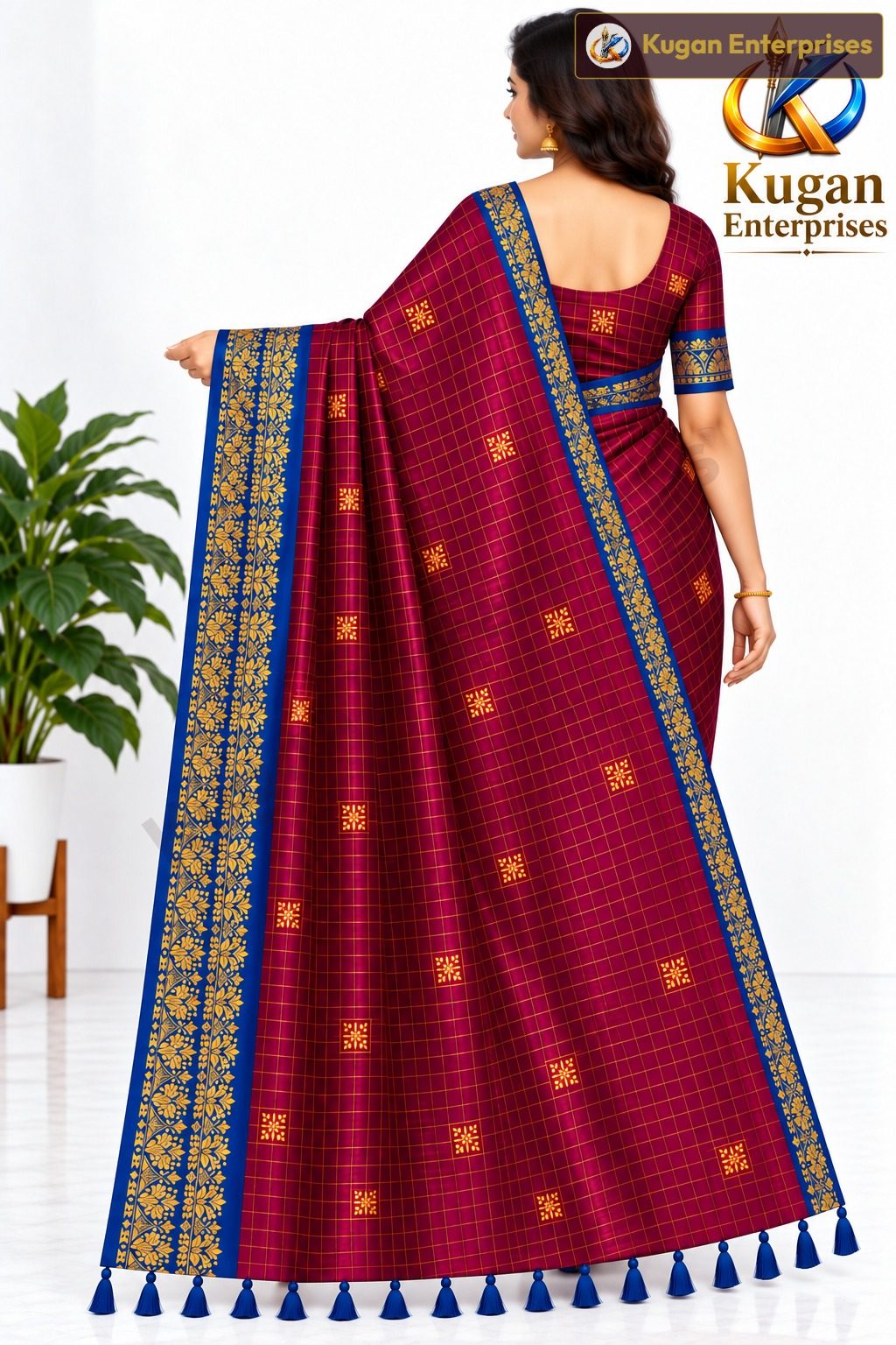 Deep Wine and Royal Blue Traditional Printed Saree