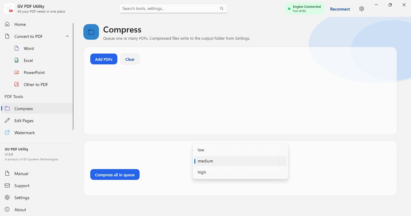 GV PDF Utility – All-in-One Offline PDF Converter, Compressor, Editor & Manager for Windows 10/11