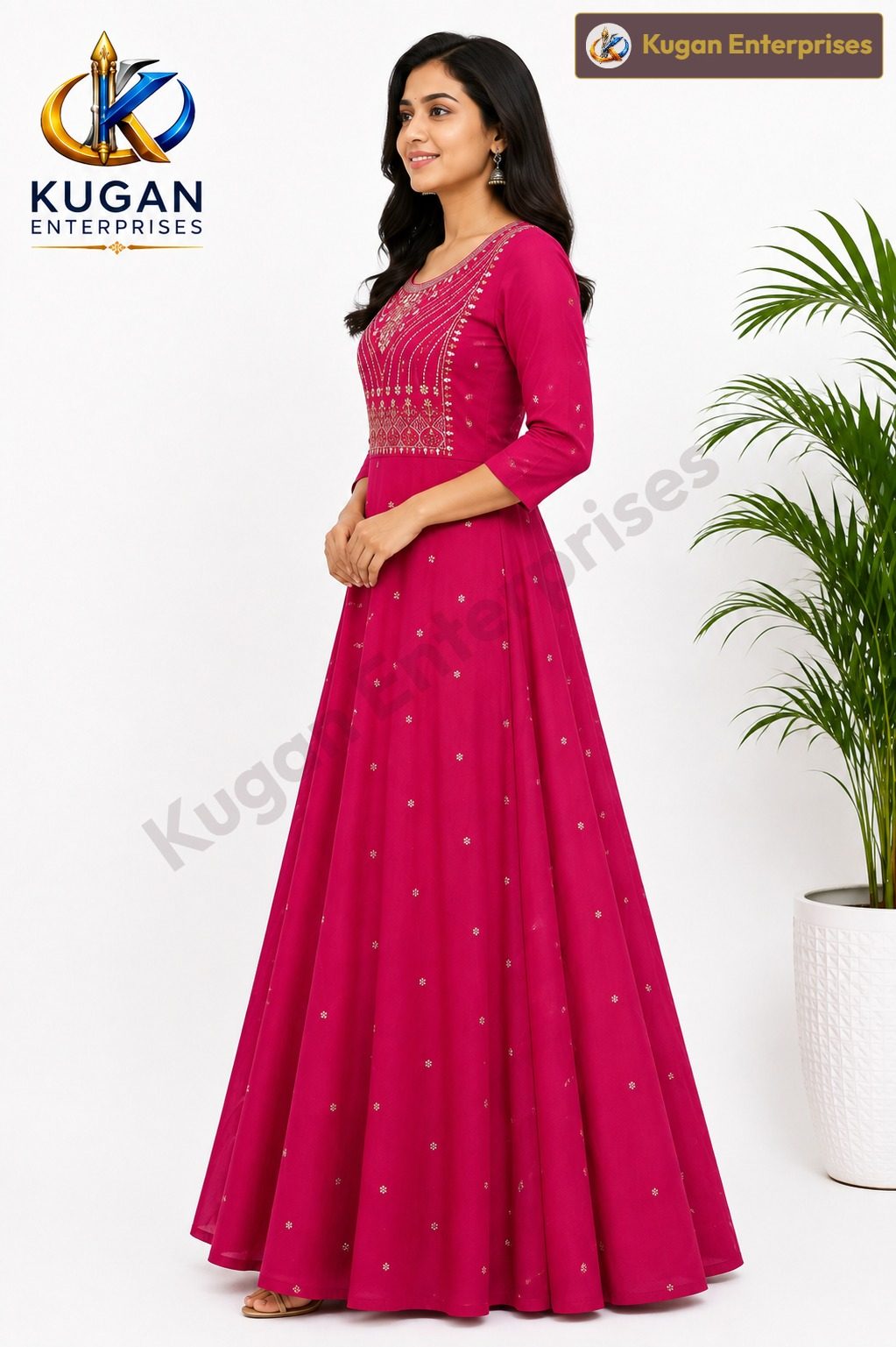 Rani Pink Cotton Embroidered Anarkali Gown