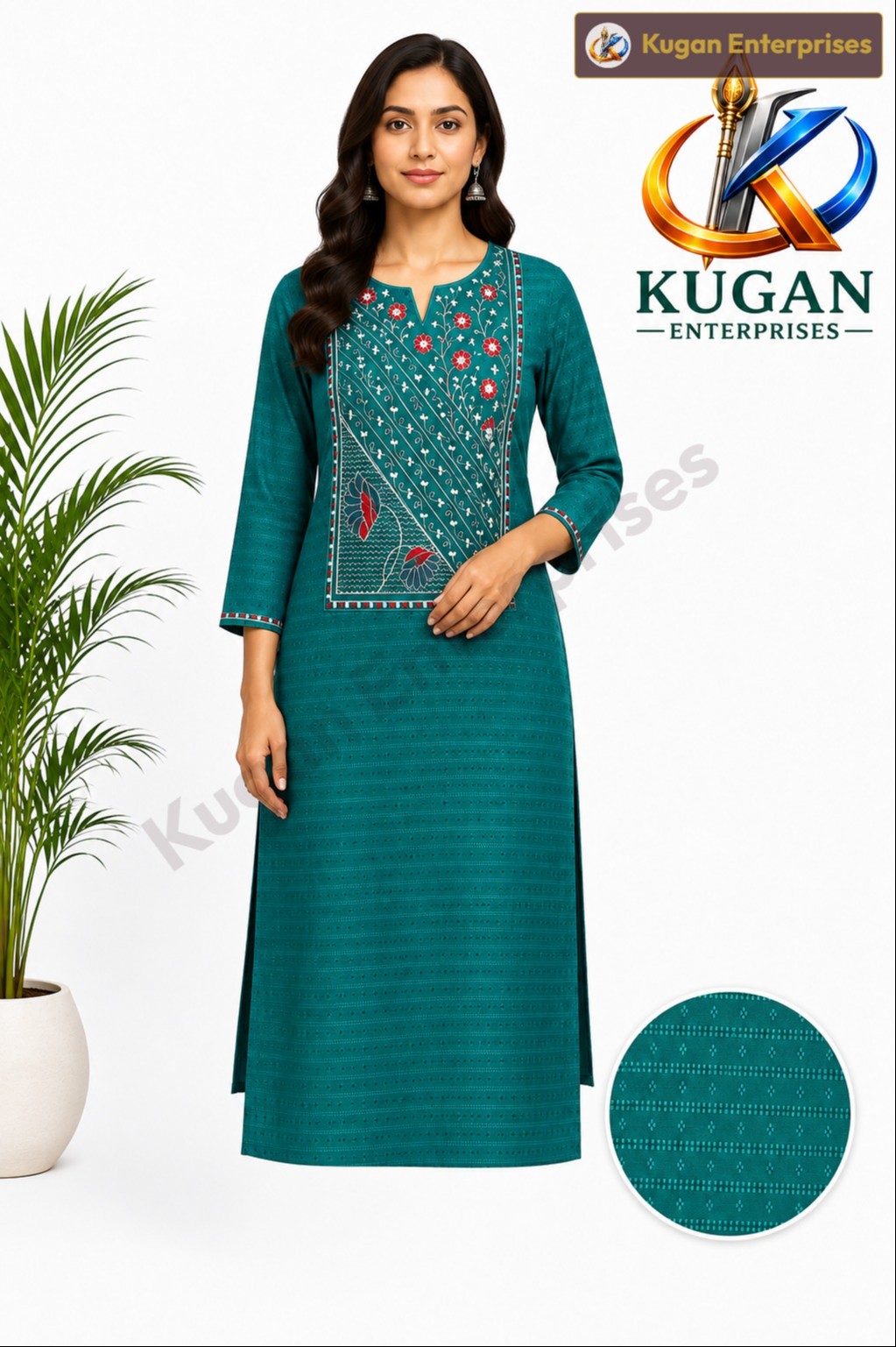 Teal Floral Embroidered Cotton Polyester Blend Straight Kurta