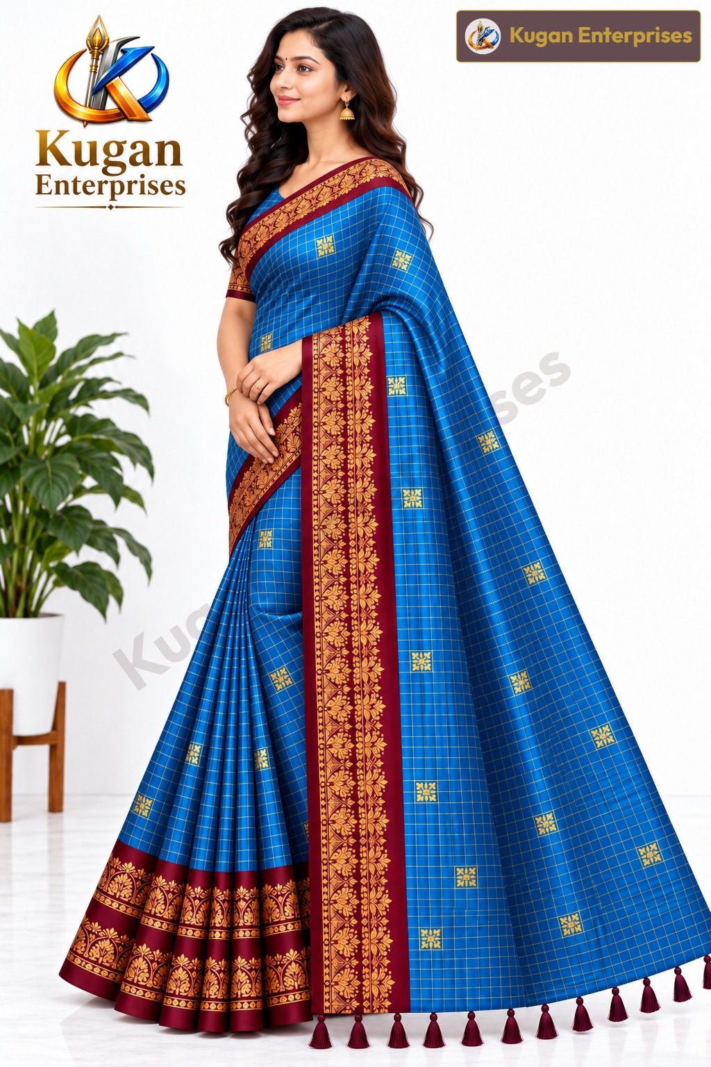 Royal Blue and Wine Maroon Traditional Printed Saree