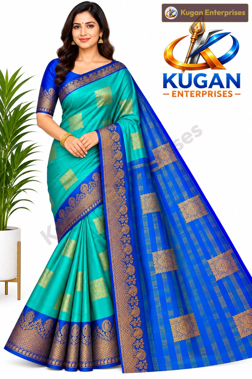 Turquoise Green & Royal Blue Zari Silk Saree