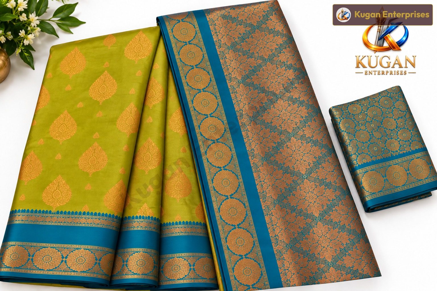 Olive Green Teal Zari Silk Saree