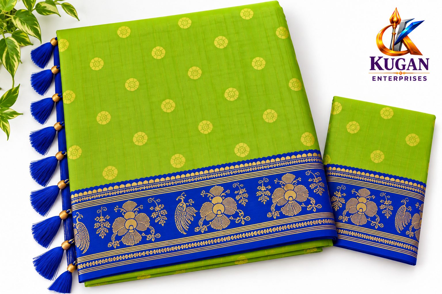 Parrot Green Gold Butta Printed Saree with Deep Royal Blue Border